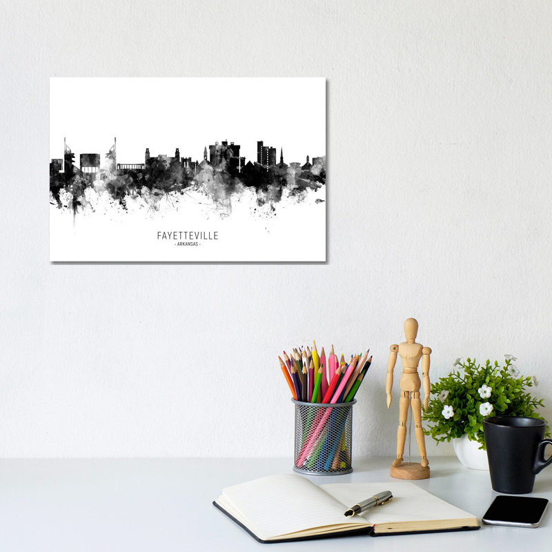 Fayetteville Arkansas Skyline Name Bw by Michael Tompsett - 1 Piece Wrapped Canvas Wall Art, 20.32cm H x 30.48cm W