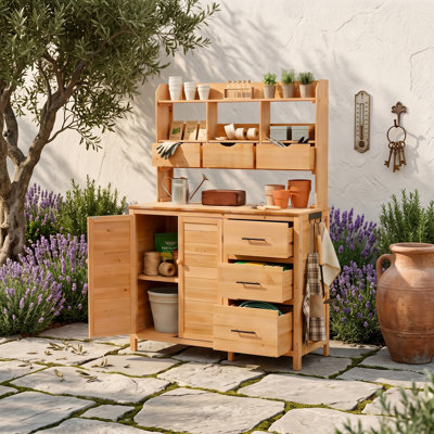 Banc de rempotage extérieur avec 6 tiroirs, armoire à tablettes réglables, crochets latéraux et plan de travail spacieux pour le jardin