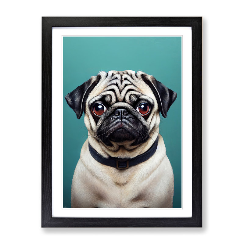 Pug Dog Portrait - Single Picture Frame Print, 64cm H x 46cm W x 2cm D, Black