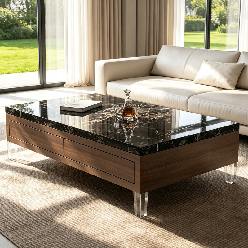 Table basse moderne en acrylique minimaliste moderne, Black, H 15,74 po x l 59,05 po x P 31,49 po