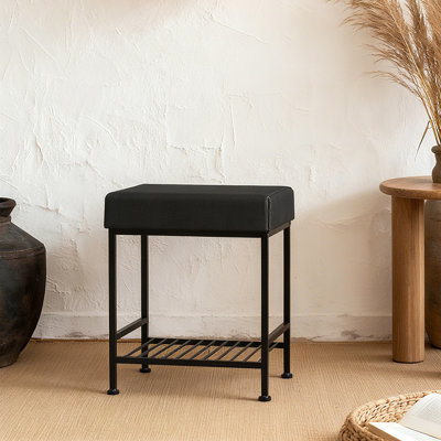 Black Square Leatherette Storage Stool - Sturdy Metal Frame With Lower Shelf For Dining, Closet & Living Room