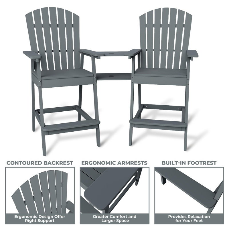 Ensemble de 2 chaises Adirondack d'extérieur à hauteur de bar avec plateau de connexion, Gris foncé