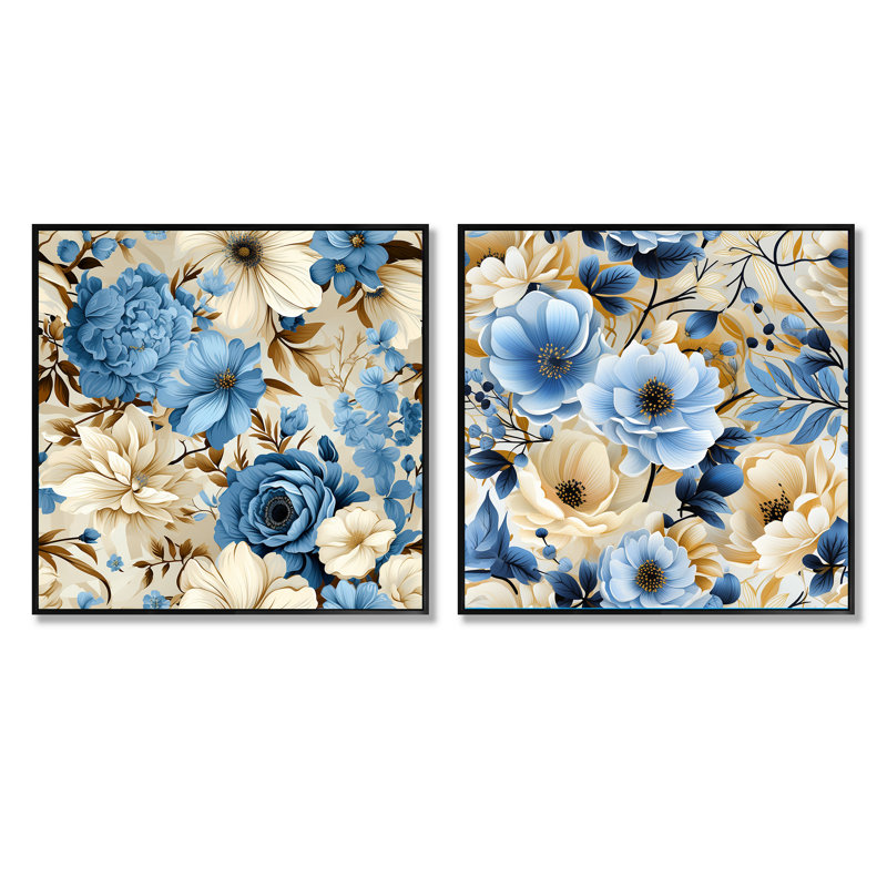 Elmsford - Ensemble de 2 collages carrés floraux, Cadre flottant noir, H 16 po x l 33 po