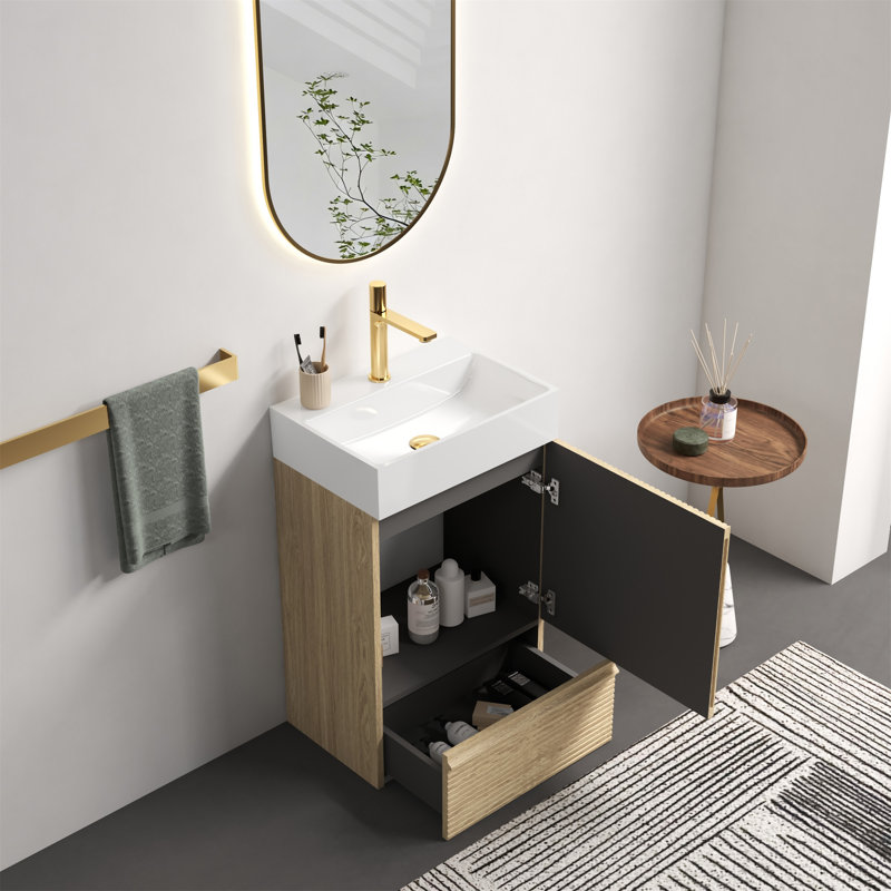 Meuble-lavabo rayé en chêne clair 20 po avec lavabo en céramique blanche Gada, Chêne clair, Blanc
