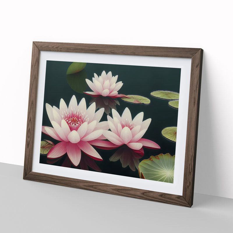 Electrifying Water Lily Flowers - Single Picture Frame Print, 46cm H x 64cm W x 2cm D, Walnut 