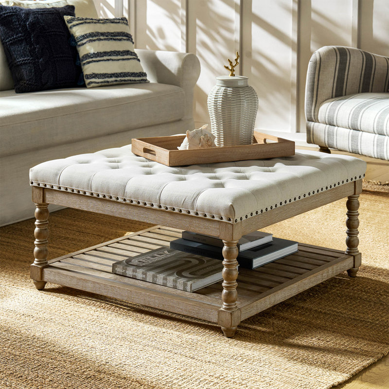 Terren 33.25"W Tufted Square Cocktail Ottoman with Storage Shelf, Ivory