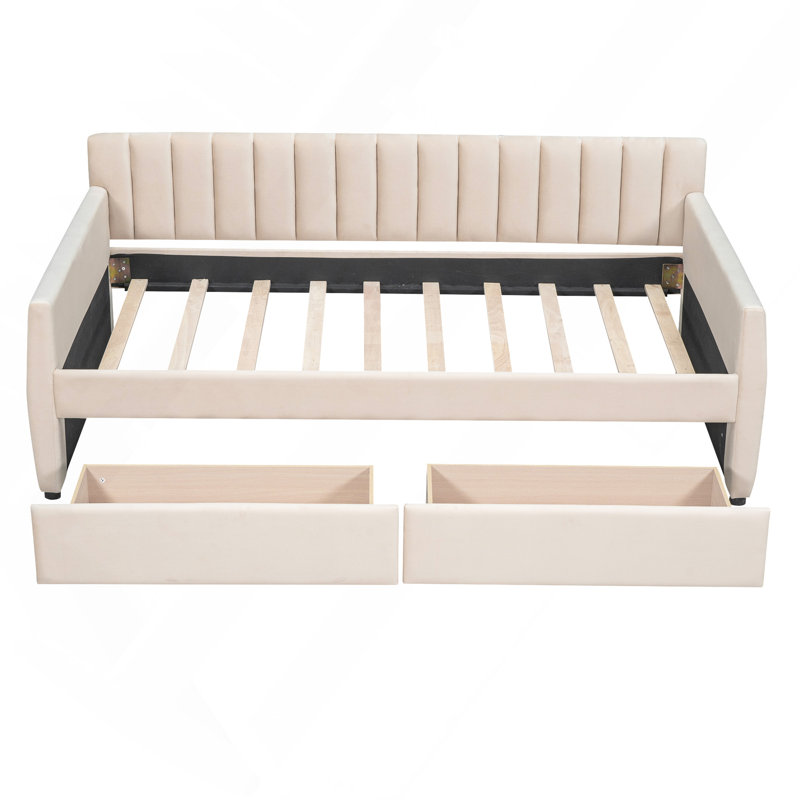 Lit de jour simple tapissier avec tiroirs, support en lattes de bois, beige, Beige