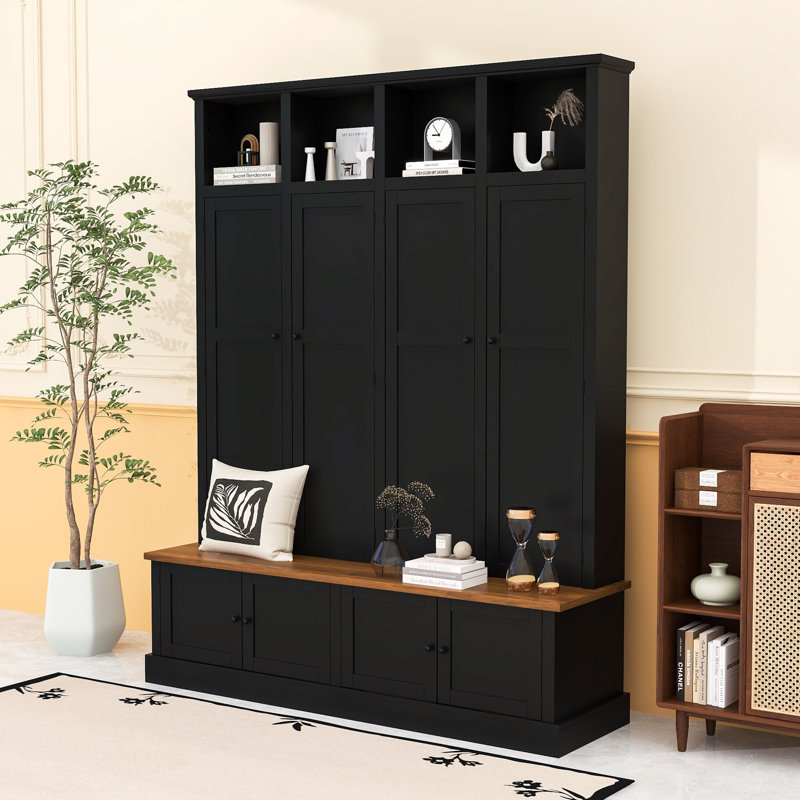 Hall Tree with Storage Bench, Hooks and Cabinets, Black