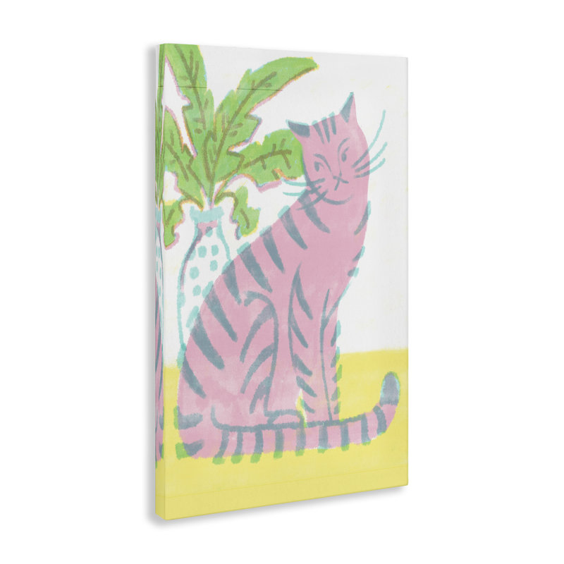 Toile moderne rose avec chat et plante, design par Hannah Moren, H 45 po x l 30 po