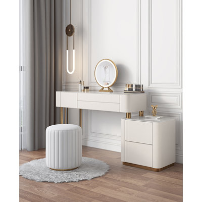 Luxury Modern Vanity Desk with Gold Metal Legs & Multiple Drawers