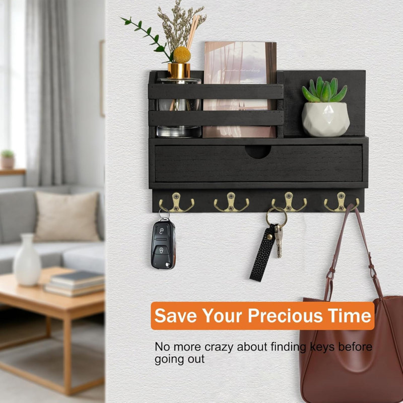 Metal, Wood Wall Organizer with Mail Storage, Black