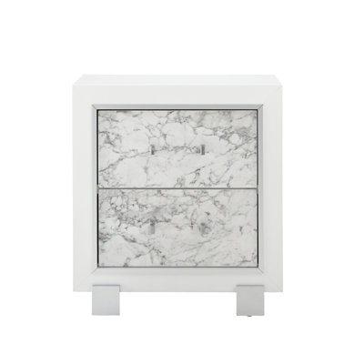 Spacious Drawer Nightstand In White With Marble-Like Finish Marble Abundant Space And Design