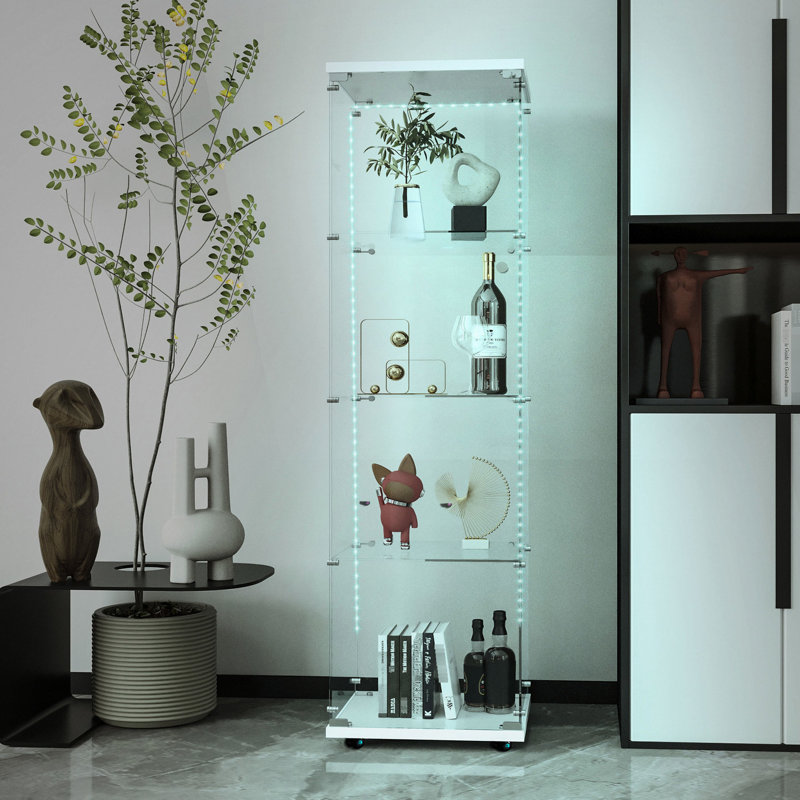 Armoire en verre trempé blanc avec éclairage à DEL - verrouillable, 3 à 4 tablettes, facilement transportable pour le salon, la chambre à coucher, le couloir, la bande de présentation blanche, le bureau à domicile facile à déplacer, le couloir