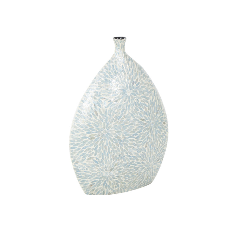 Pragathi Mother of Pearl Shell Handmade Large Mosaic Floral Decorative Light Blue Vase with Cream Underlay