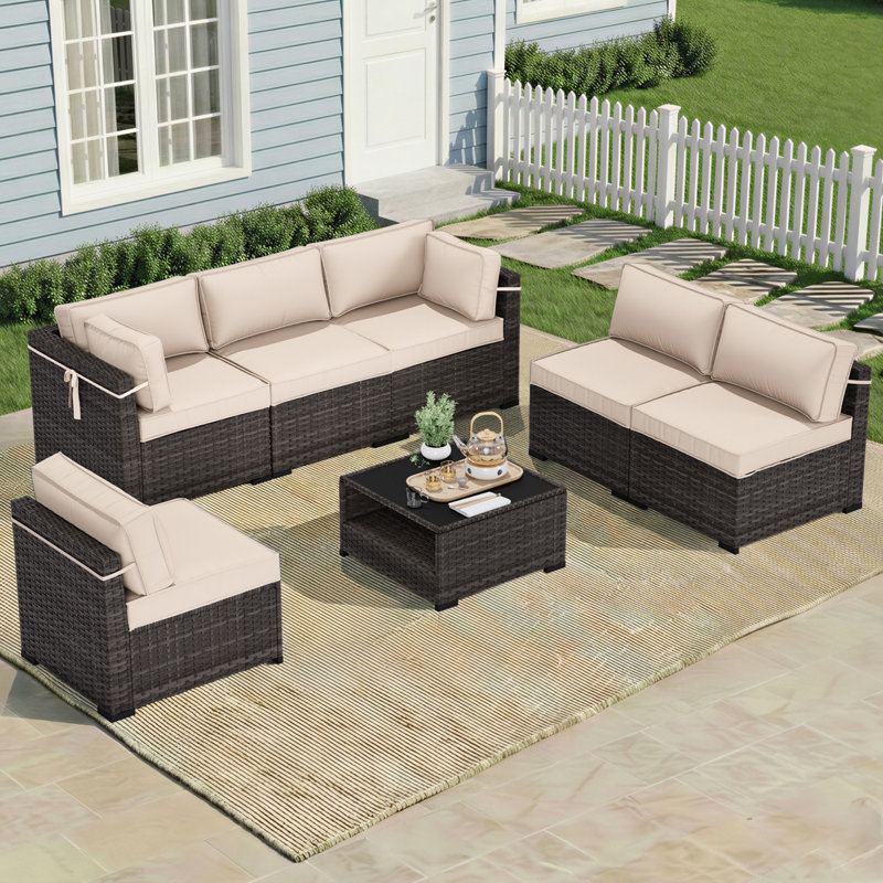 Riven 8-Person All-Weather Wicker Modular Patio Conversation Set with Thick Supportive Cushions, Beige