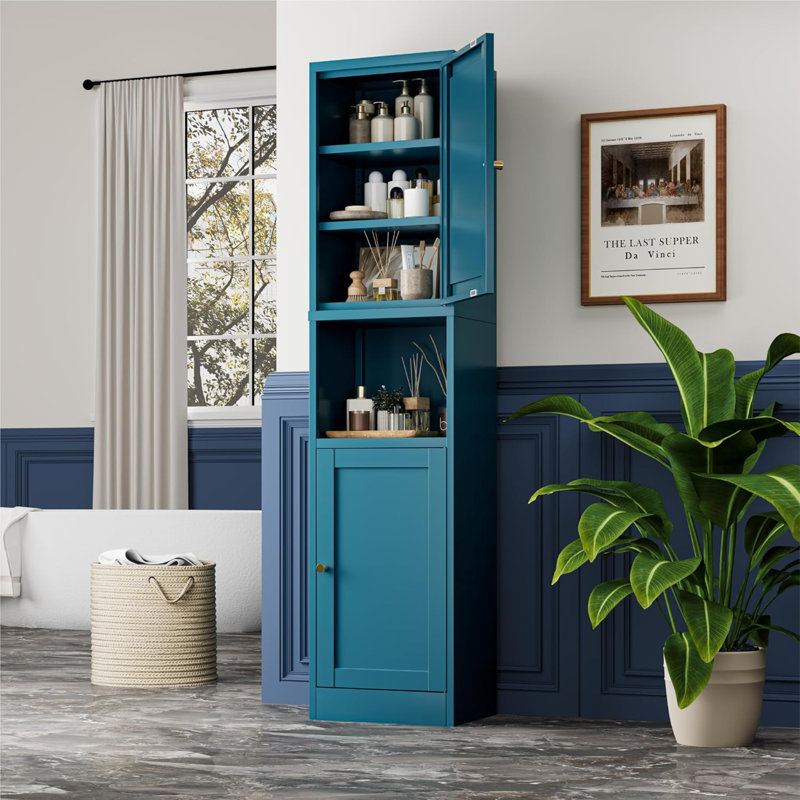 Slim Bathroom Storage Cabinet With Doors And Shelves,Open Shelving 6-Tier Narrow,Tall And Skinny Storage Cabinet,Suitable For Small Spaces
