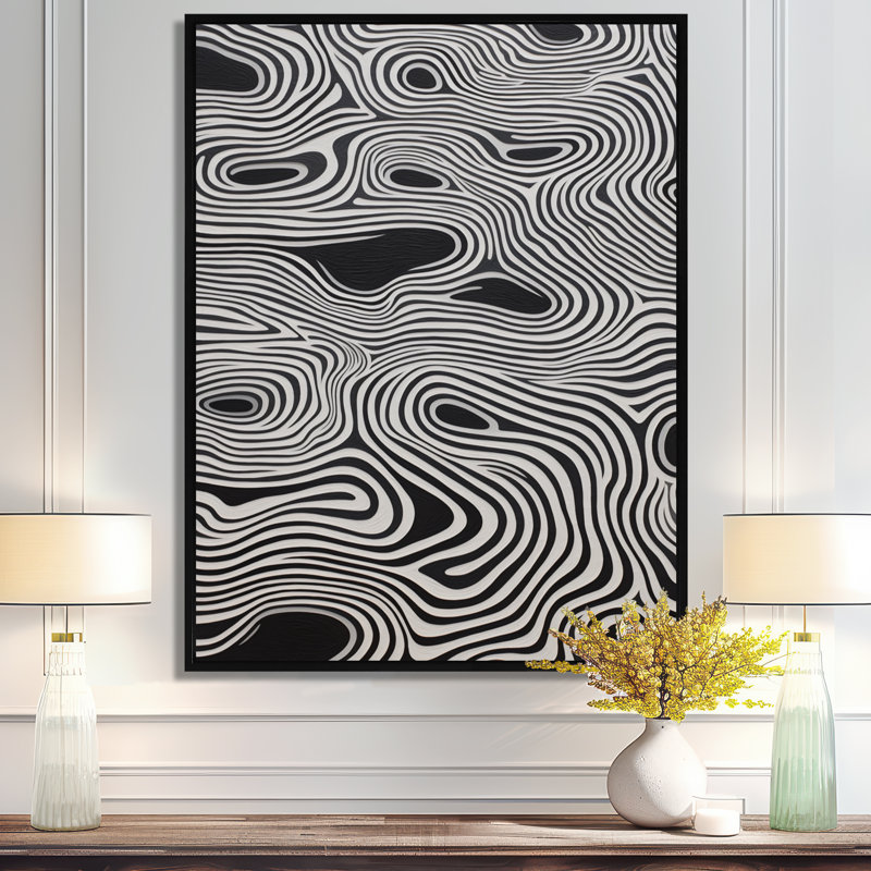 Art mural noir et blanc minimaliste Labyrinth Waves - Minimalisme, H 20 po x l 12 po x P 1 po, Toile avec cadre flottant noir