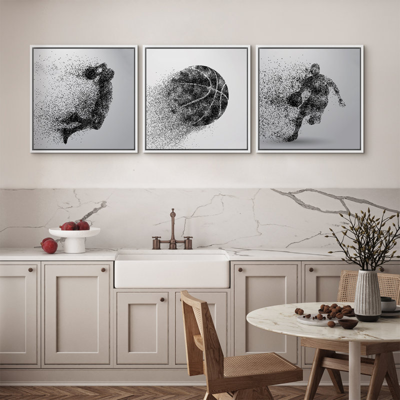 «Sport Play Basketball on Canvas», reproduction de 3 pièces, H 24 po x l 72 po, Cadre flottant blanc