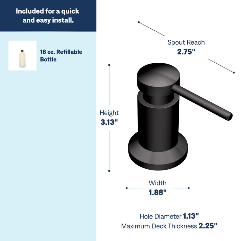 Moen Deck Mounted Kitchen Soap Dispenser with Refillable Bottle, Matte Black