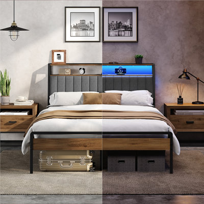 Metal Bed Frame with Upholstered Storage Headboard 
