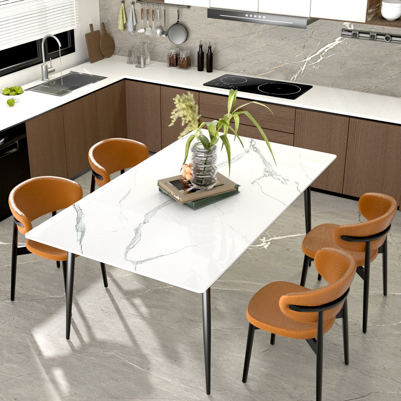 Table de salle à manger en pierre frittée, table de cuisine moderne en faux marbre 55,1 po, table de patio rectangulaire en ardoise grise avec pieds en métal, table de salle à manger d'extérieur en pierre pour patio, cour arrière, Scratch