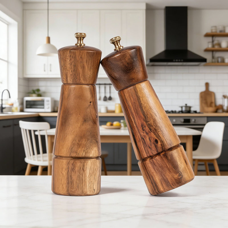 Ensemble de moulin à sel et à poivre en bois d'acacia avec moulins réglables en céramique et en acier inoxydable, ensemble de moulin de cuisine de 6 pouces pour les épices fraîches