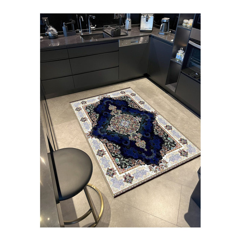 Tapis décoratif bleu marine à motif floral multicolore, Sous-tapis rectangulaire 2 pi 6 po x 4 pi 11 po