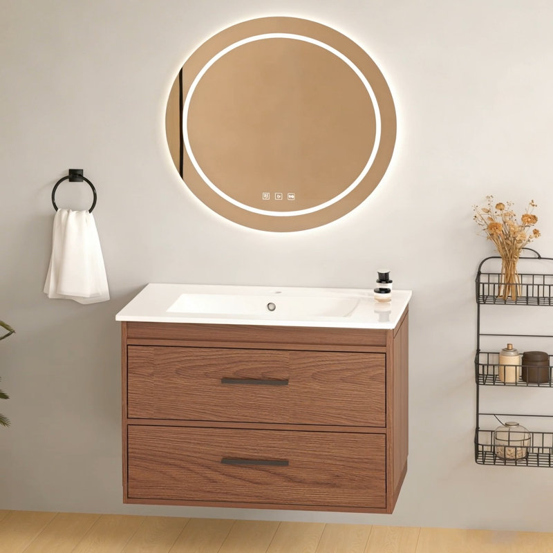 30"  reddish brown  Wall Mounting Bathroom Vanity, Soft Close  2 Drawer