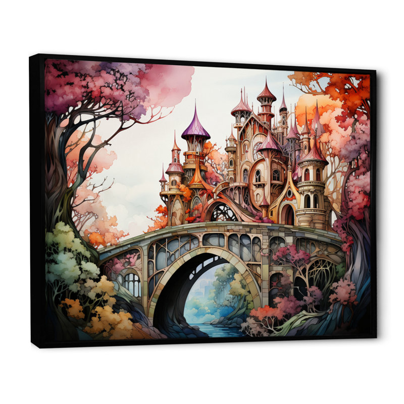 Beige Bridge Whimsical Archway, reproduction d'art sur toile encadrée, H 30 po x l 40 po x P 1,5 po, Cadre flottant noir