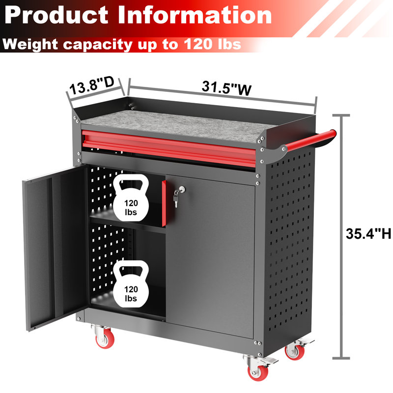 Armoire de rangement WFX Utility ™ avec roulettes, armoires de rangement en métal avec tablettes réglables, armoires de rangement verrouillables en acier avec panneau perforé et poignée pour garage, entrepôt