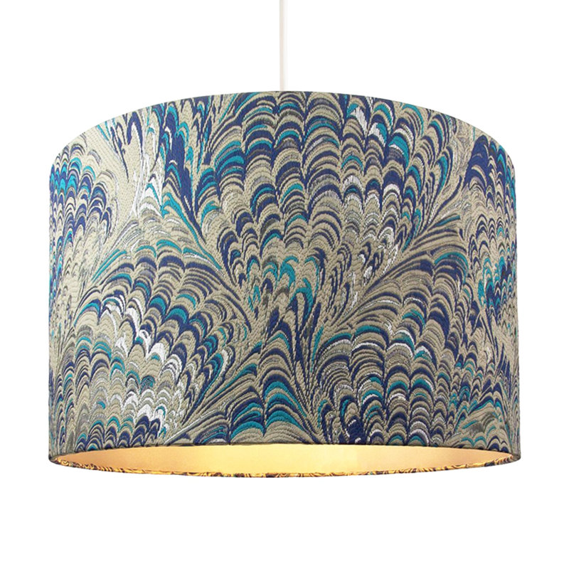 Contemporary and Vivid Peacock Print Table/Pendant Lamp Shade in Soft Cotton, 22cm H x 35cm W x 35cm D, Grey/Blue