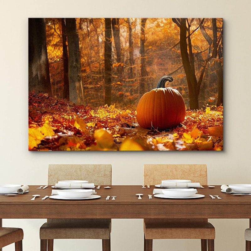 Autumn Fall "Thanksgiving Pumpkin In Orange Forest Nature Landscape Large Framed Canvas Print Decor, 12" H x 18" W