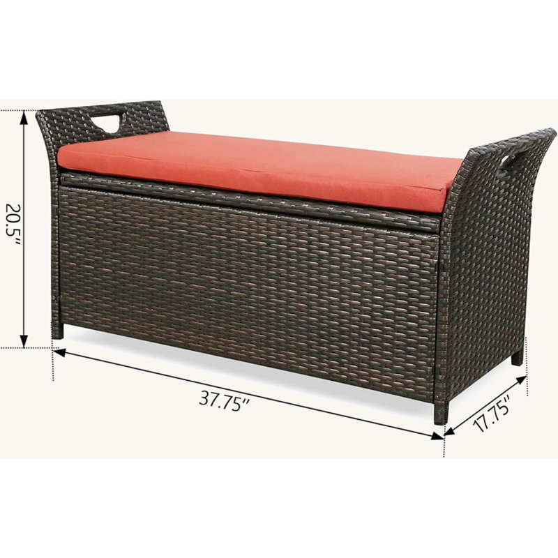 Patio Wicker Storage Bench Outdoor Rattan Deck Storage Box With Red Cushion