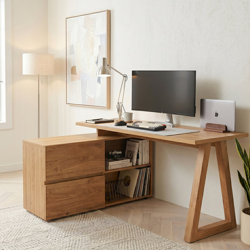 Club 55,12" L-Shaped Writing Desk with Storage Cabinet , Montana Oak