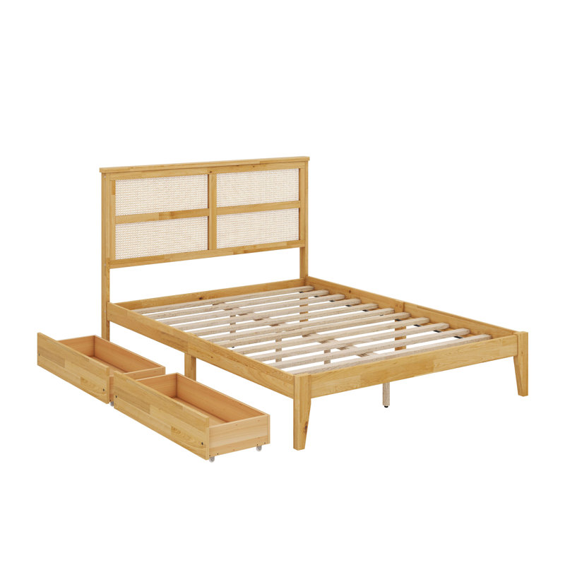 Structure de lit en bois d'hévéa avec deux tiroirs de rangement intégrés, Lit double, Chêne blanc