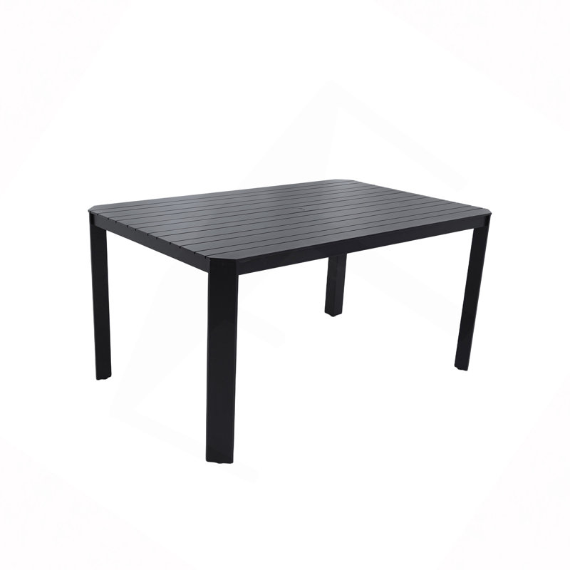Table moderne en aluminium pour patio / extérieur avec lattes larges et étroites alternantes, coins inclinés, trou pour parasol et patins réglables