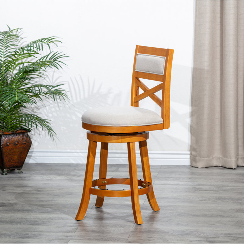 24" Counter Height X-Back Swivel Stool, Natural Finish Fabric Seat, Natural Wood, Clear