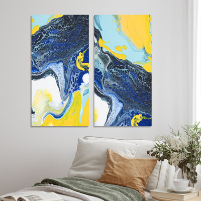 «Dark Blue and Yellow Marble Art», ensemble de 2 peintures sur toiles