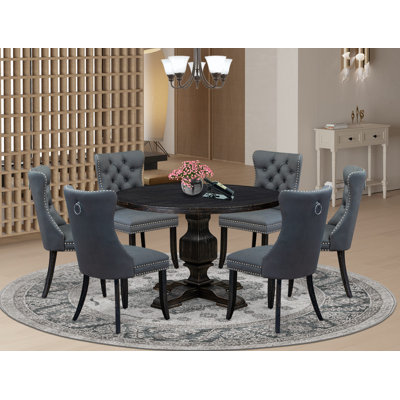 7-piece Modern Dining Table Set with Polyester Fabric 6 Platinum Grey parson dining chairs, Button-Tufted Backs, and a 48"Round Table in Sand Blasted Black