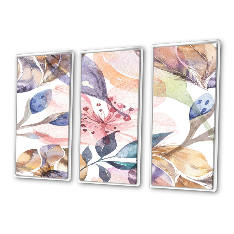 Boho, fleurs roses et bleues - 3 pièces, reproduction sur toile, H 20 po x l 36 po x P 1 po, Cadre blanc