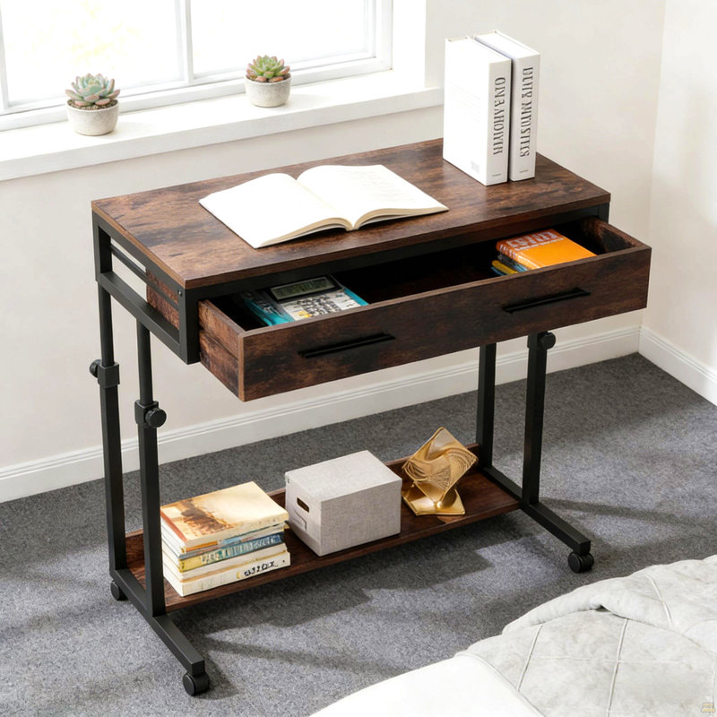 Table de bureau, bureau compact avec roulettes, bureau d'écriture à hauteur réglable, table basse mobile