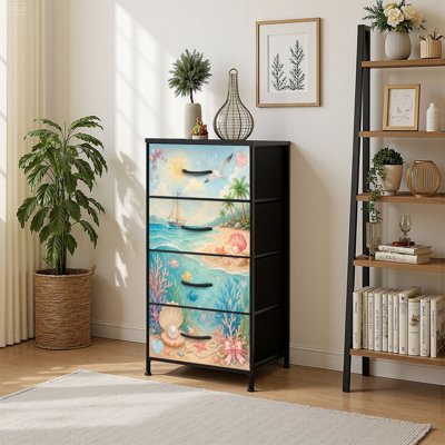 Commode 4 tiroirs à rangement vertical fantaisiste, scène de plage, voilier, corail, coquillages, style pastel avec tiroirs en bois