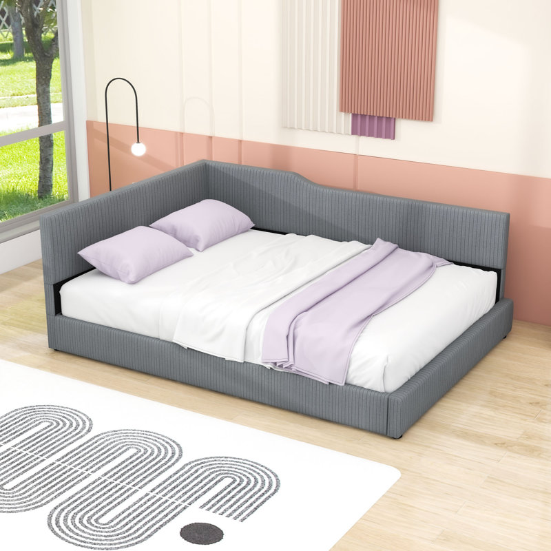 L-Shaped Upholstered Daybed with Slats, Gris, Complet/Double