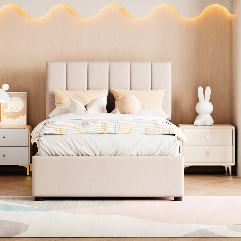 Lit plateforme simple avec rangement à conception hydraulique, beige et beige