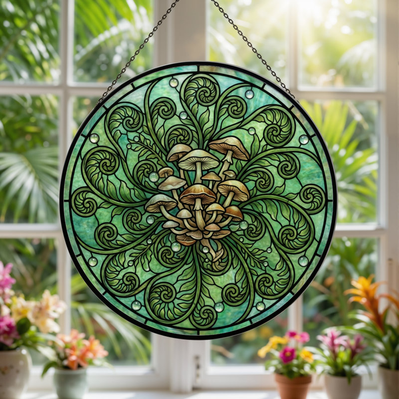Panneau de vitrail Mushroom Mandala, 7,8 heures, H 7,8 po