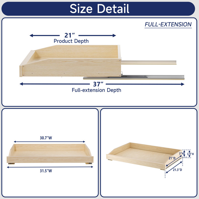 13.5"W x 21"D Wood Pull Out Cabinet Organizer, Solid Birch Plywood Slide Out Drawer for 18" Base Cabinets, Low Profile Roll Out Shelf with Soft Close Glides (Fits 14" Min Opening)