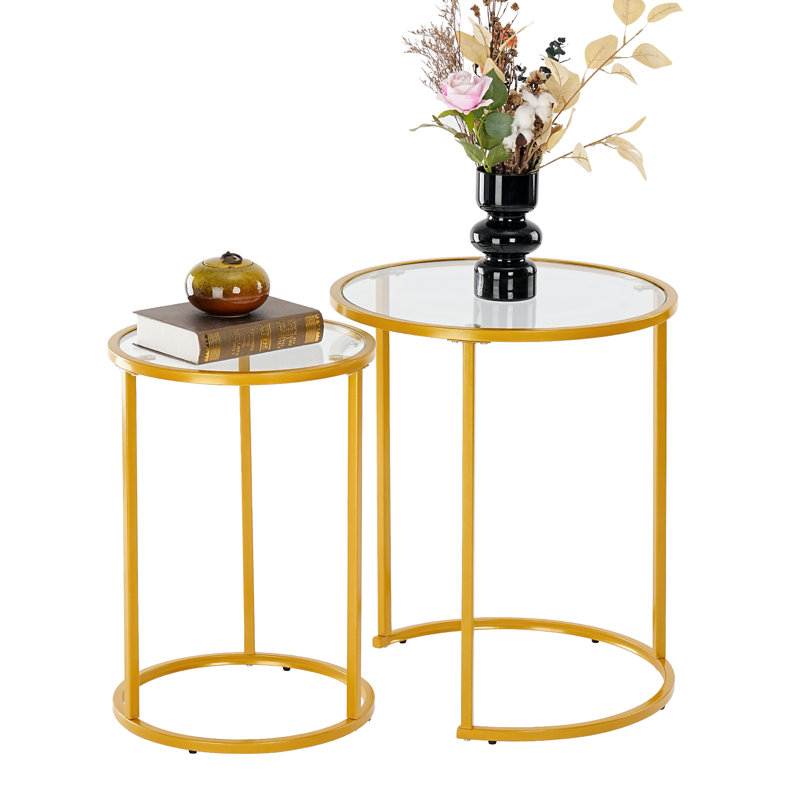 Ryett 2 End Tables with Metal Base Round Table with Tempered Glass Tabletop, Gold