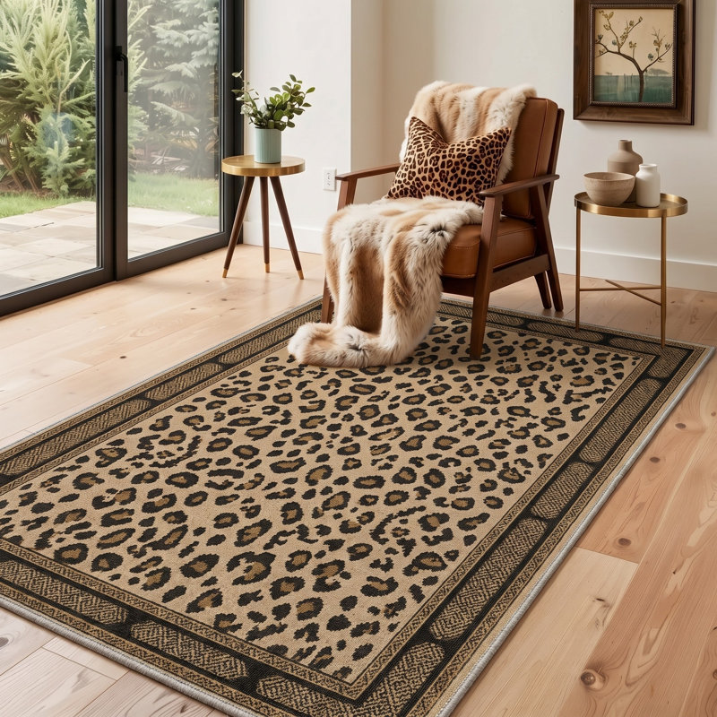 Tapis brun clair / noir à imprimé animal lavable à la machine avec envers antidérapant, Rectangle 144 po x 108 po