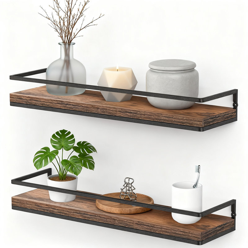 Floating Shelves Set Of 2, Rustic Wood Wall Mounted Storage Shelves For Bathroom, Kitchen, Living Room, Bedroom, Industrial Torched Wood Design With Protective Bar