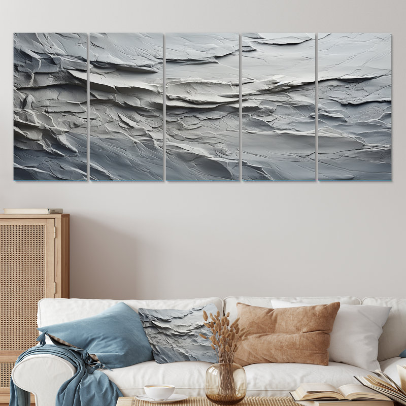 Gris et blanc pierre rivière IV - Abstrait, art mural sur toile 5 pièces, H 28 po x l 60 po